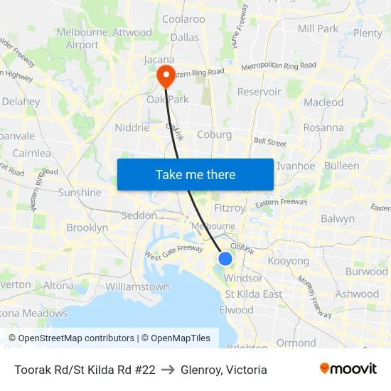 Toorak Rd/St Kilda Rd #22 to Glenroy, Victoria map