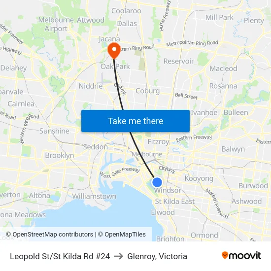Leopold St/St Kilda Rd #24 to Glenroy, Victoria map