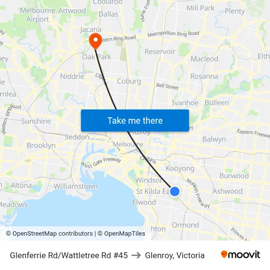 Glenferrie Rd/Wattletree Rd #45 to Glenroy, Victoria map