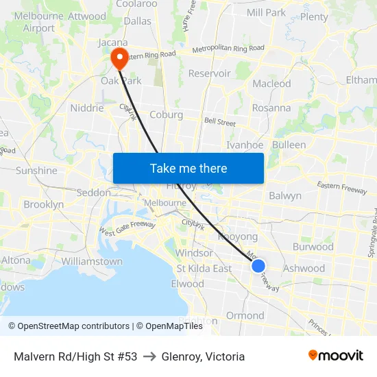 Malvern Rd/High St #53 to Glenroy, Victoria map