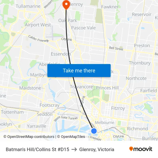 Batman's Hill/Collins St #D15 to Glenroy, Victoria map