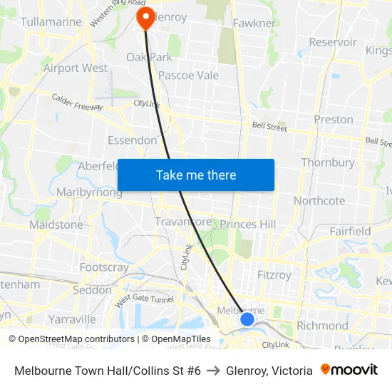 Melbourne Town Hall/Collins St #6 to Glenroy, Victoria map