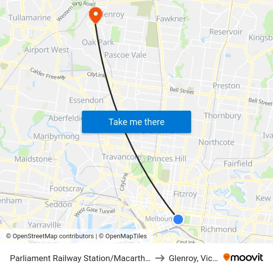 Parliament Railway Station/Macarthur St #10 to Glenroy, Victoria map