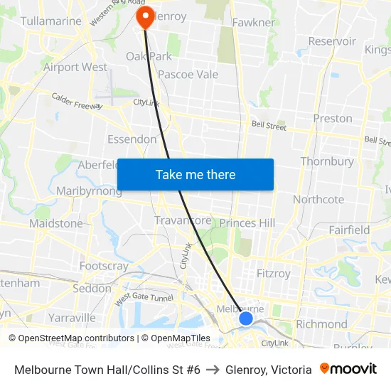 Melbourne Town Hall/Collins St #6 to Glenroy, Victoria map