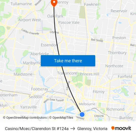 Casino/Mcec/Clarendon St #124a to Glenroy, Victoria map