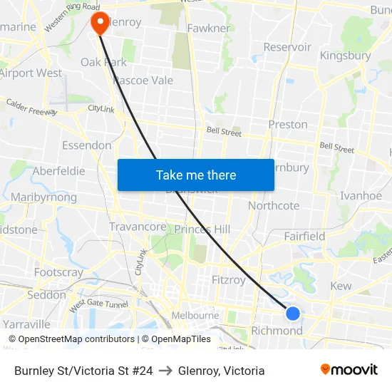 Burnley St/Victoria St #24 to Glenroy, Victoria map