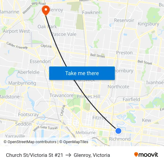 Church St/Victoria St #21 to Glenroy, Victoria map