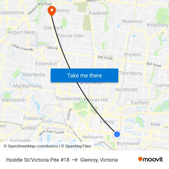Hoddle St/Victoria Pde #18 to Glenroy, Victoria map