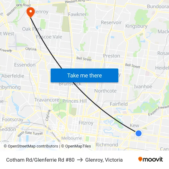 Cotham Rd/Glenferrie Rd #80 to Glenroy, Victoria map