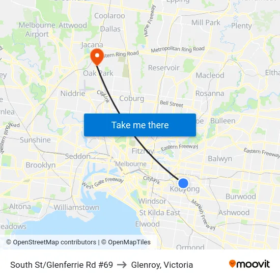 South St/Glenferrie Rd #69 to Glenroy, Victoria map