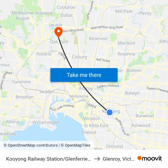 Kooyong Railway Station/Glenferrie Rd #65 to Glenroy, Victoria map