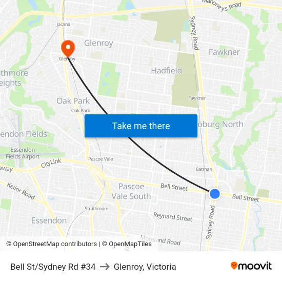 Bell St/Sydney Rd #34 to Glenroy, Victoria map