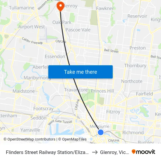 Flinders Street Railway Station/Elizabeth St #1 to Glenroy, Victoria map