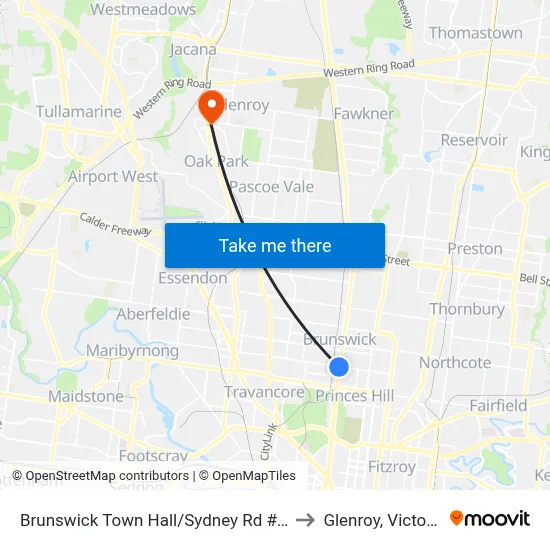 Brunswick Town Hall/Sydney Rd #21 to Glenroy, Victoria map