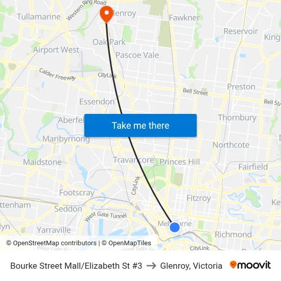 Bourke Street Mall/Elizabeth St #3 to Glenroy, Victoria map