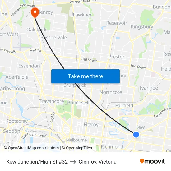 Kew Junction/High St #32 to Glenroy, Victoria map