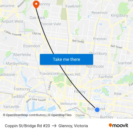 Coppin St/Bridge Rd #20 to Glenroy, Victoria map