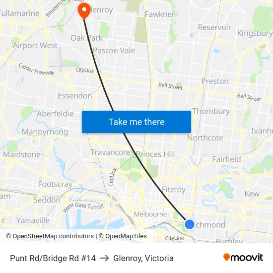 Punt Rd/Bridge Rd #14 to Glenroy, Victoria map