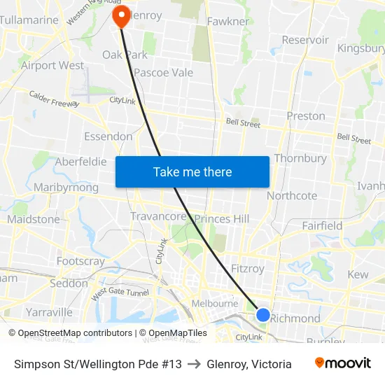 Simpson St/Wellington Pde #13 to Glenroy, Victoria map