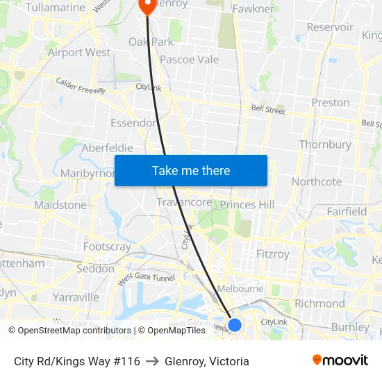 City Rd/Kings Way #116 to Glenroy, Victoria map