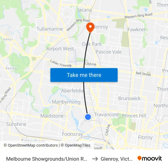 Melbourne Showgrounds/Union Rd #33 to Glenroy, Victoria map