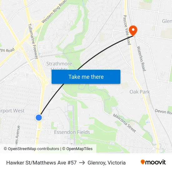 Hawker St/Matthews Ave #57 to Glenroy, Victoria map