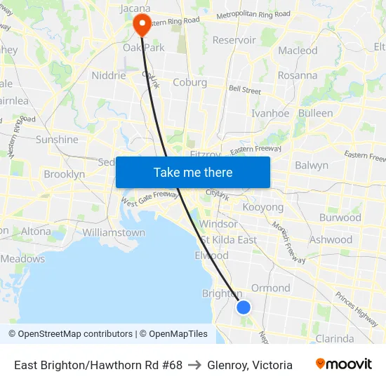 East Brighton/Hawthorn Rd #68 to Glenroy, Victoria map