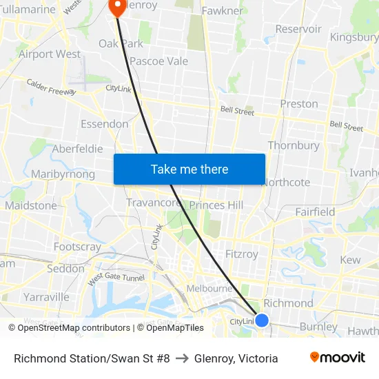 Richmond Station/Swan St #8 to Glenroy, Victoria map