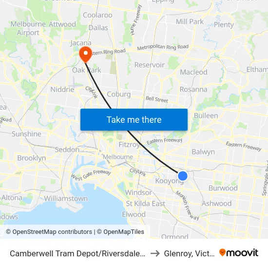 Camberwell Tram Depot/Riversdale Rd #39 to Glenroy, Victoria map