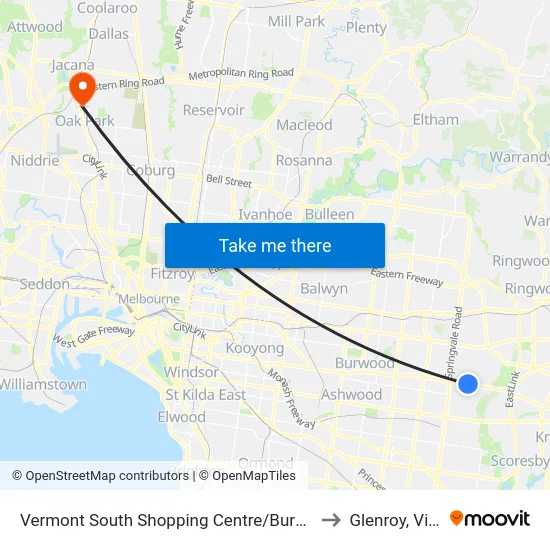 Vermont South Shopping Centre/Burwood Hwy #75 to Glenroy, Victoria map