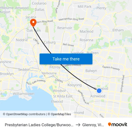 Presbyterian Ladies College/Burwood Hwy #61 to Glenroy, Victoria map
