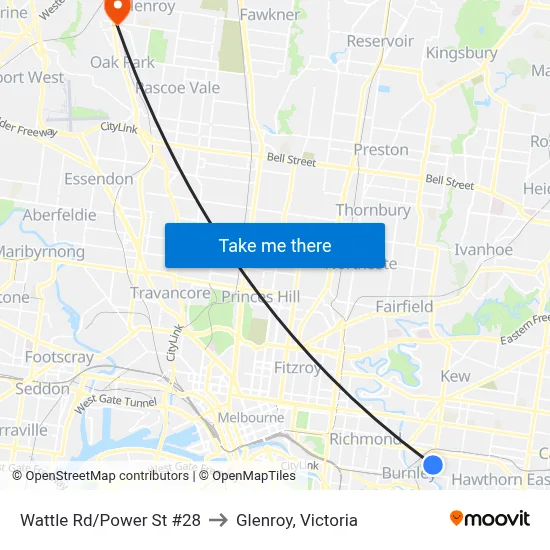 Wattle Rd/Power St #28 to Glenroy, Victoria map