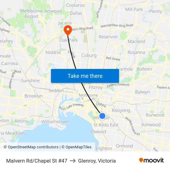 Malvern Rd/Chapel St #47 to Glenroy, Victoria map