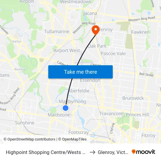 Highpoint Shopping Centre/Wests Rd #49 to Glenroy, Victoria map