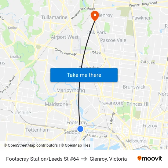 Footscray Station/Leeds St #64 to Glenroy, Victoria map