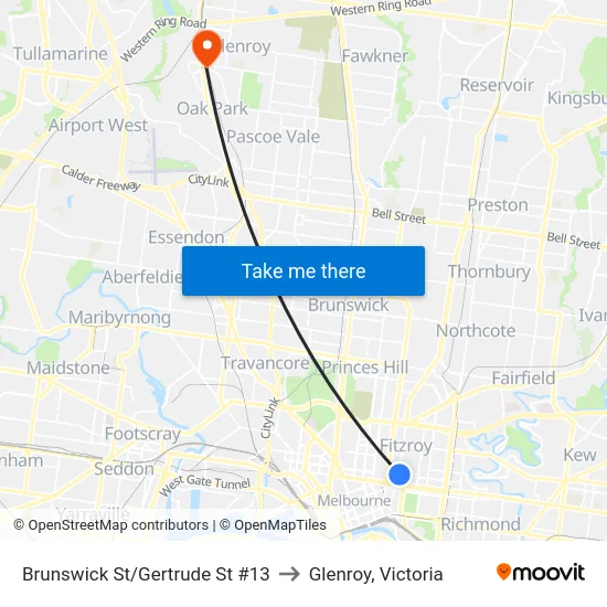 Brunswick St/Gertrude St #13 to Glenroy, Victoria map