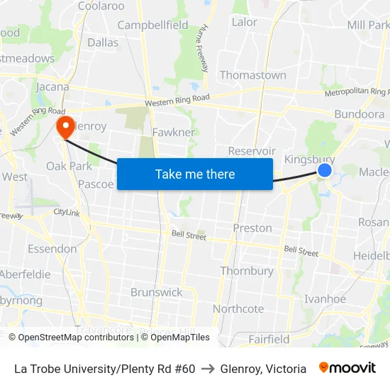 La Trobe University/Plenty Rd #60 to Glenroy, Victoria map
