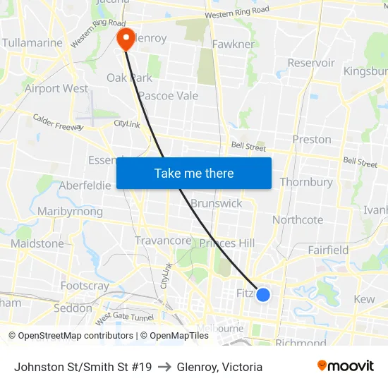 Johnston St/Smith St #19 to Glenroy, Victoria map