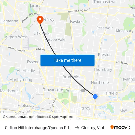 Clifton Hill Interchange/Queens Pde #25 to Glenroy, Victoria map