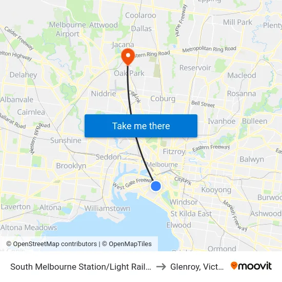 South Melbourne Station/Light Rail #127 to Glenroy, Victoria map