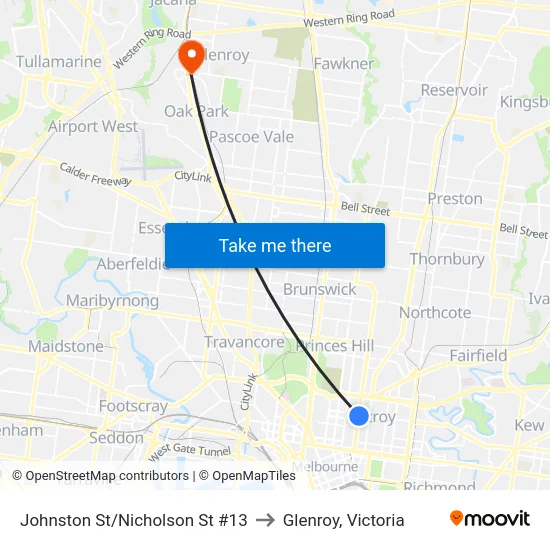Johnston St/Nicholson St #13 to Glenroy, Victoria map