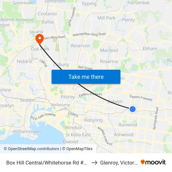 Box Hill Central/Whitehorse Rd #58 to Glenroy, Victoria map