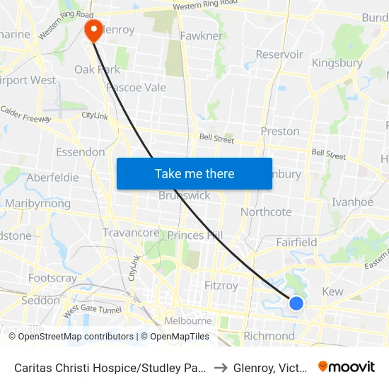 Caritas Christi Hospice/Studley Park Rd to Glenroy, Victoria map