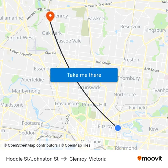 Hoddle St/Johnston St to Glenroy, Victoria map