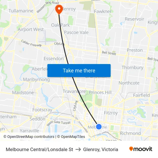 Melbourne Central/Lonsdale St to Glenroy, Victoria map