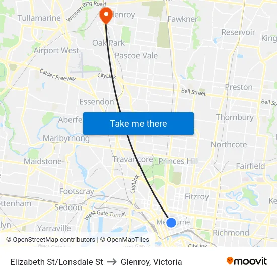 Elizabeth St/Lonsdale St to Glenroy, Victoria map