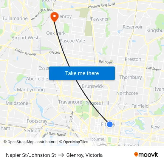 Napier St/Johnston St to Glenroy, Victoria map
