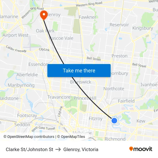 Clarke St/Johnston St to Glenroy, Victoria map
