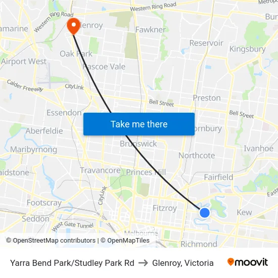 Yarra Bend Park/Studley Park Rd to Glenroy, Victoria map