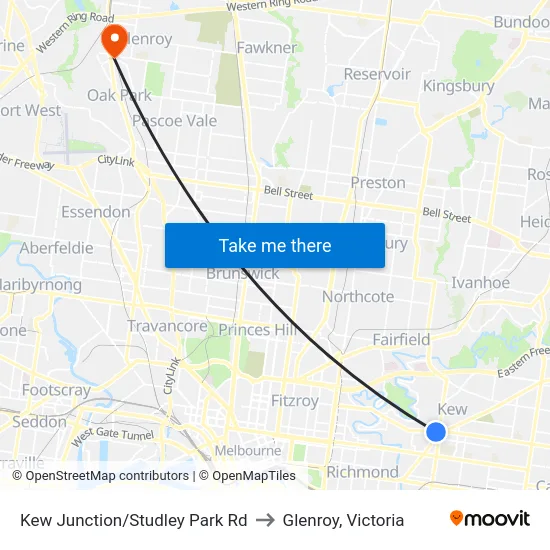 Kew Junction/Studley Park Rd to Glenroy, Victoria map